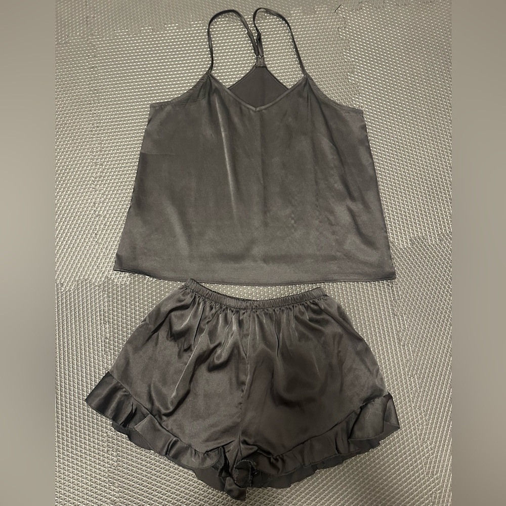 Lounge sleep set silk like black shorts with tank top